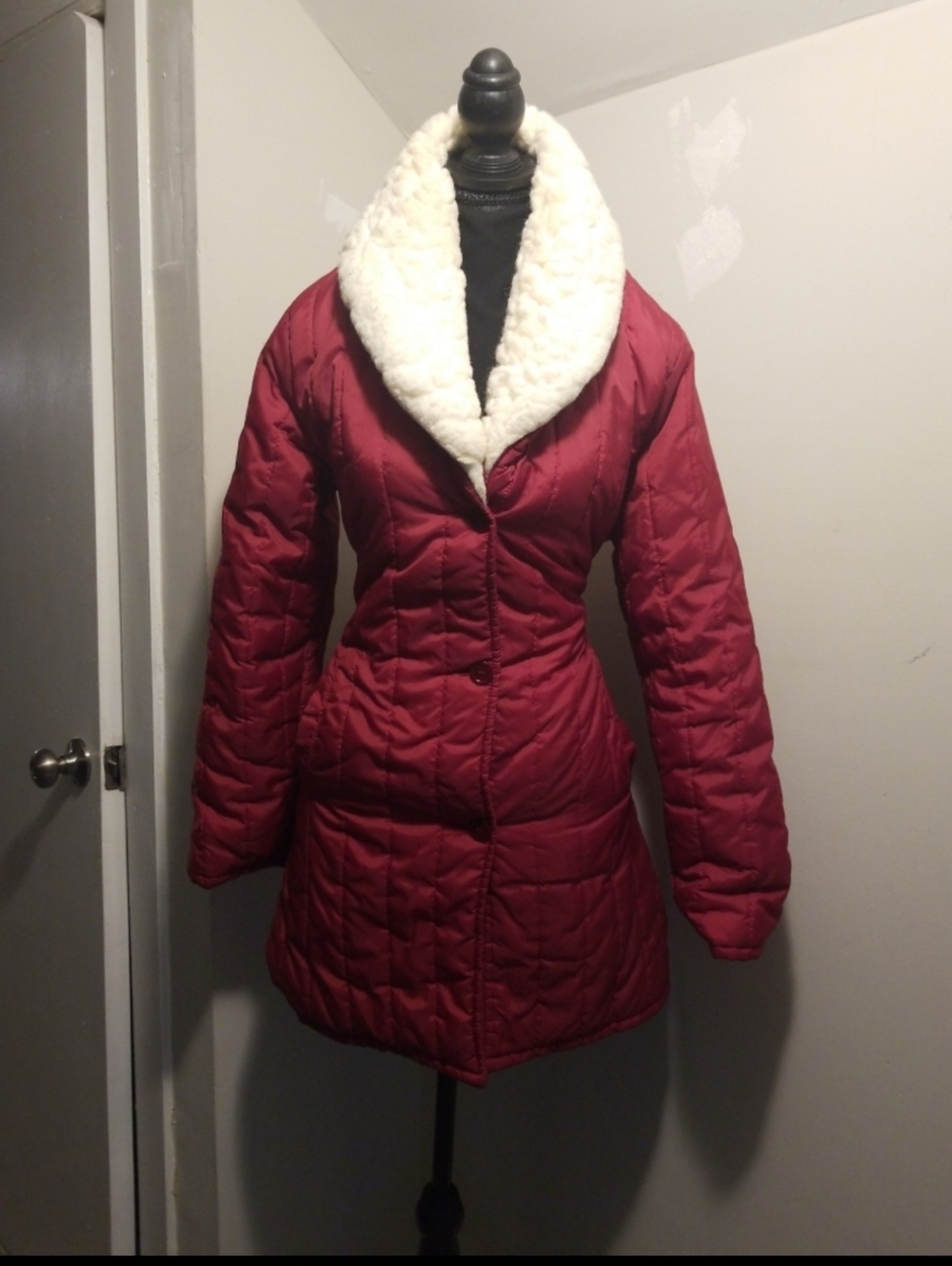Women's Burgundy Quilted Puffer Coat with Faux Shearling Collar